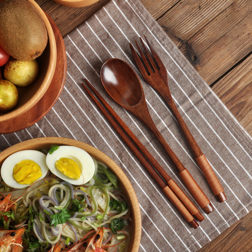 Japanese-style wrapped wooden spoon, fork and chopsticks three-piece set with long handle solid wood adult portable spoon and fork cloth bag tableware