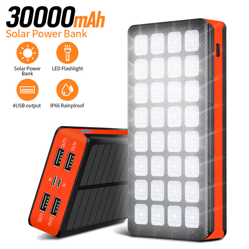 Amazon Outdoor 30000 Mah Solar Power Bank with Camping Light 4Usb Dual Input Power Bank