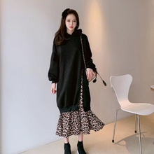 韩国秋冬新品设计感减龄连帽拼接豹纹假两件卫衣长款宽松连衣裙女