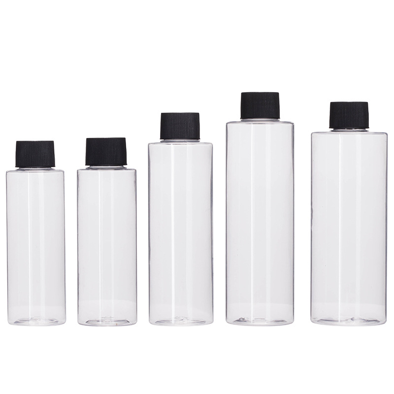 100-150ml de plástico transparente PET puro botella de rocío botella cosmética cubierta negra botella de tóner Xumin material de embalaje en stock