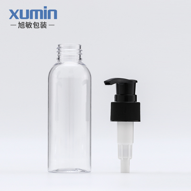 Botella de bomba de presión de rayas negras de 100ml Botella de loción de hombro redonda transparente de 200ml Botella secundaria cosmética Xumin en stock