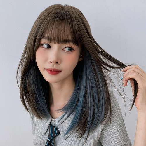 Internet celebrity wig, long straight hair, highlights, gradient color, whole top hair cover, slightly curly medium-length straight hair, slightly curly hair manufacturer wholesale
