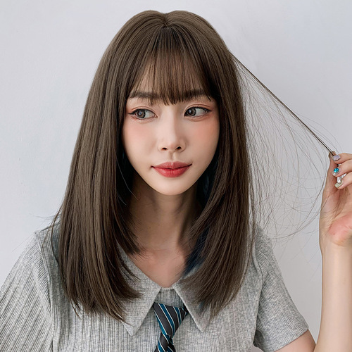 Internet celebrity wig, long straight hair, highlights, gradient color, whole top hair cover, slightly curly medium-length straight hair, slightly curly hair manufacturer wholesale