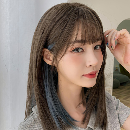 Internet celebrity wig, long straight hair, highlights, gradient color, whole top hair cover, slightly curly medium-length straight hair, slightly curly hair manufacturer wholesale