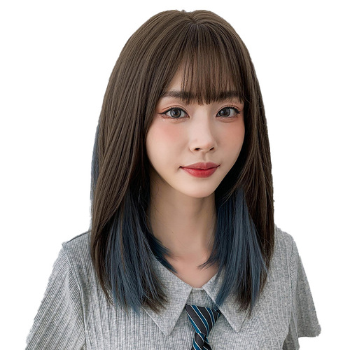 Internet celebrity wig, long straight hair, highlights, gradient color, whole top hair cover, slightly curly medium-length straight hair, slightly curly hair manufacturer wholesale