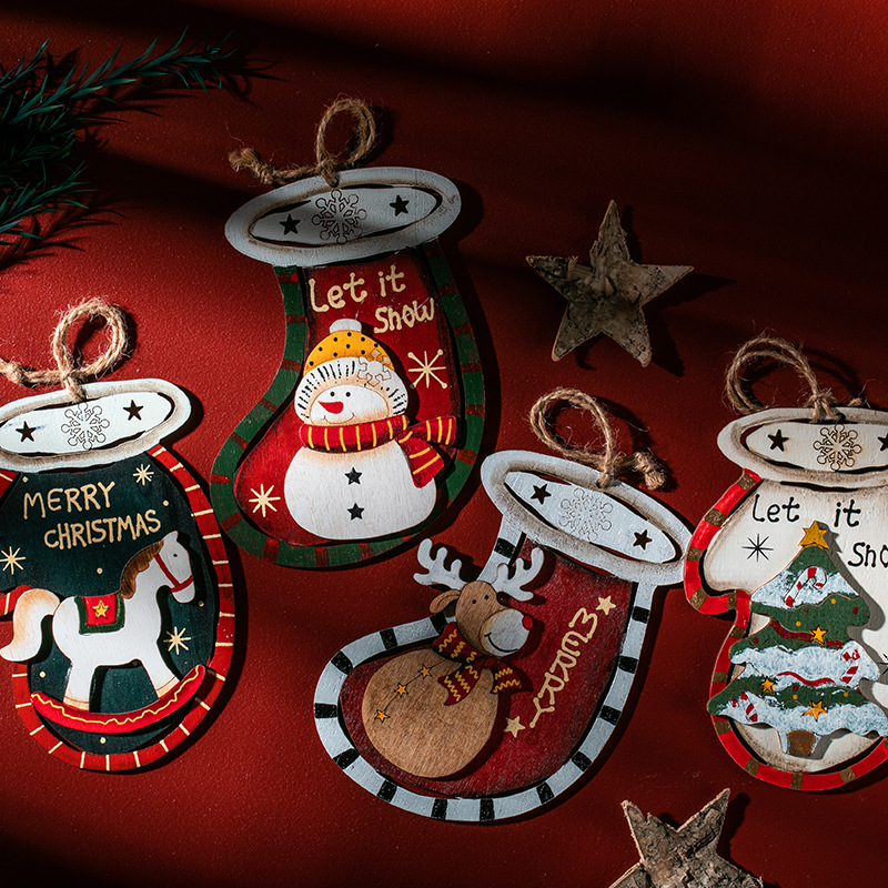 Guantes navideños de madera americanos calcetines colgante pintado árbol de navidad alce muñeco de nieve retro colgante pintado a mano