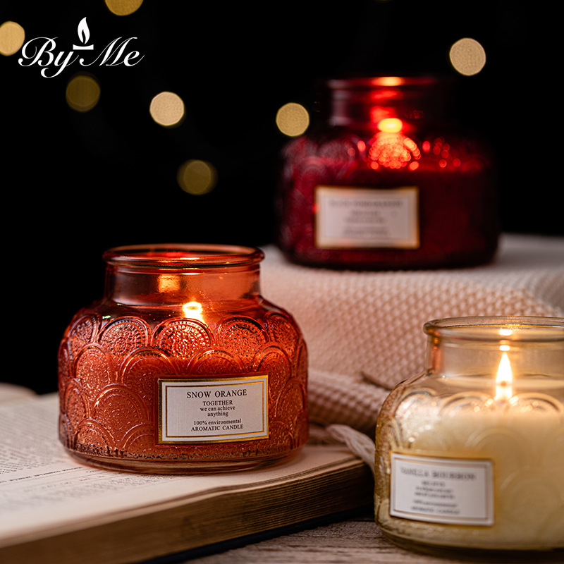 小鼓浮雕玻璃杯不锈钢带盖无烟室内精油蜡烛卧室香薰蜡烛批发