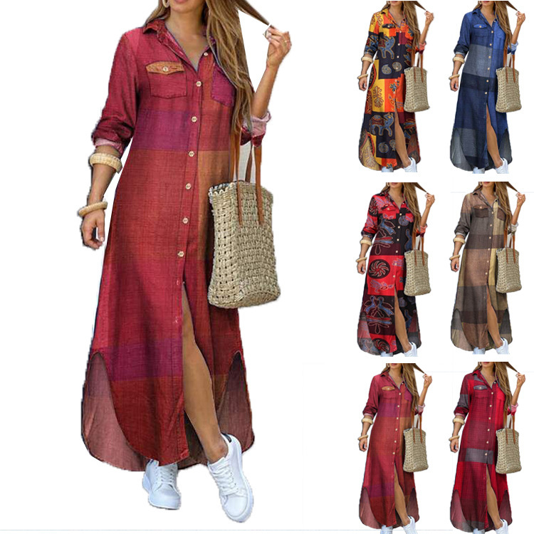 European and American New Arrivals Amazon Spring Printed Single-Breasted Long-Sleeve Dress Shirt with Turn-Down Collar