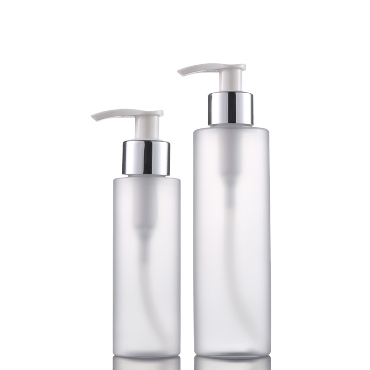 100mL botella de loción de hombro plano esmerilado 200ml botella de plástico para mascotas botella de bomba de presión de anillo de plata brillante botella de embalaje cosmético