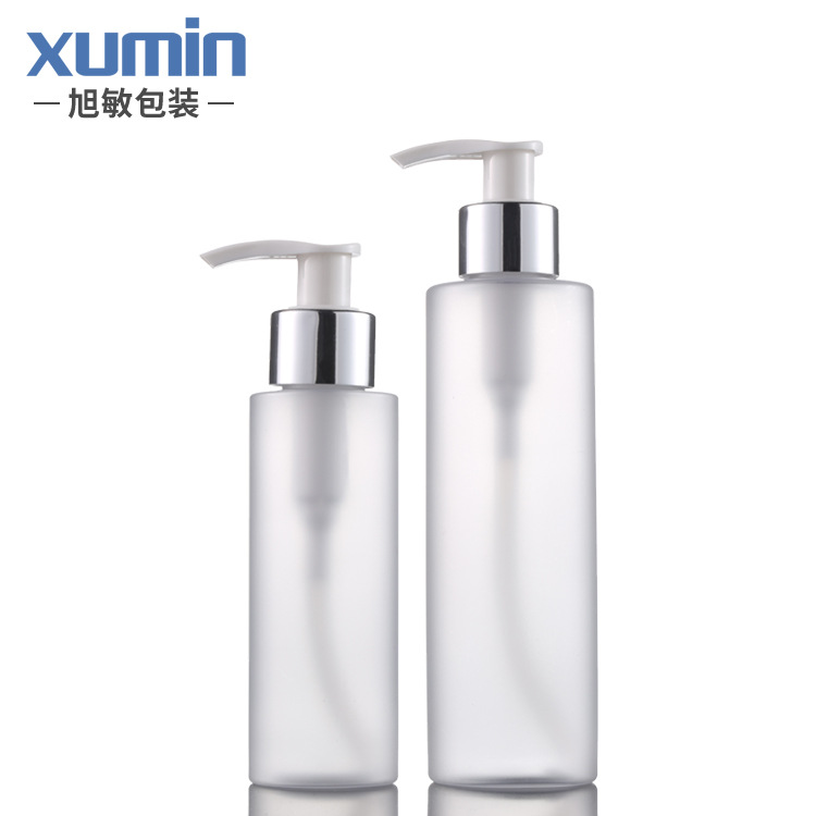 100mL botella de loción de hombro plano esmerilado 200ml botella de plástico para mascotas botella de bomba de presión de anillo de plata brillante botella de embalaje cosmético