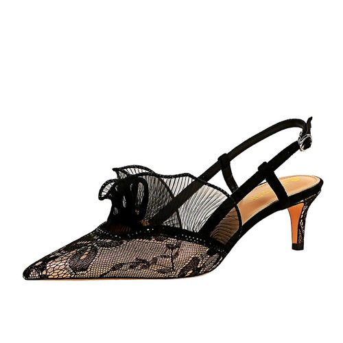 313-A5 Western and European Style Fashion Evening Women's Shoes High Heel Open Toe Pointed Toe Net Lace Flower Edge Hollow Strap Sandals