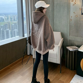 新款连帽毛绒卫衣女加绒加厚宽松韩版秋冬外套5372