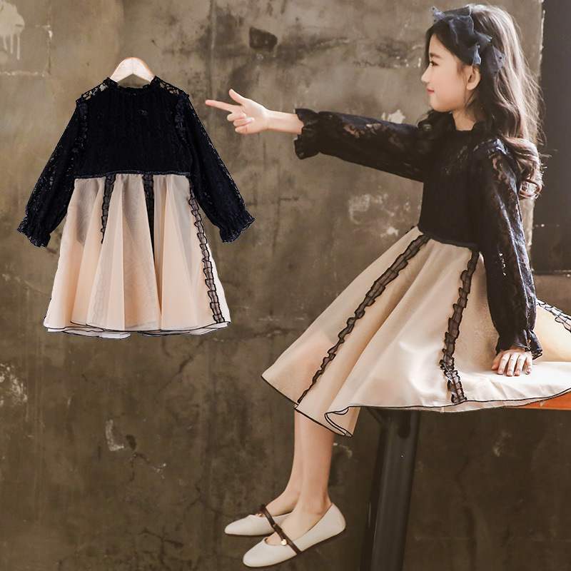 Vestido para niños para niñas 2024 vestido de manga larga de verano estilo occidental para niños vestido de gasa de encaje de estilo coreano vestido de princesa