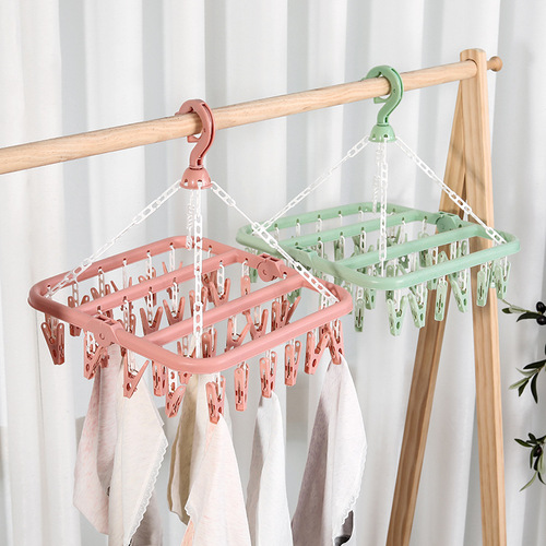 Multifunctional 32-clip clothes drying rack, adult clothes hanging, children's underwear and socks rack, magic folding clothes hanger, plastic clothes hanger