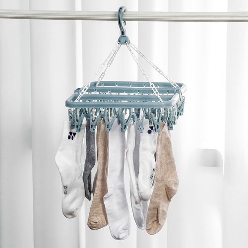 Multifunctional 32-clip clothes drying rack, adult clothes hanging, children's underwear and socks rack, magic folding clothes hanger, plastic clothes hanger