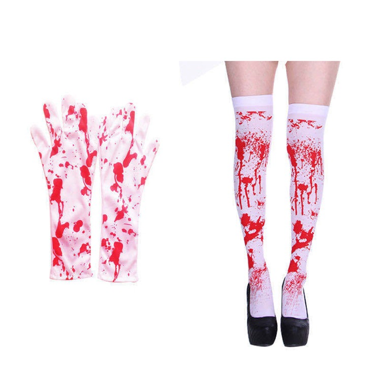 Halloween calcetines de sangre guantes de sangre pascua zombie manchas de sangre guantes largos maquillaje baile disfraz de enfermera calcetines sangrantes