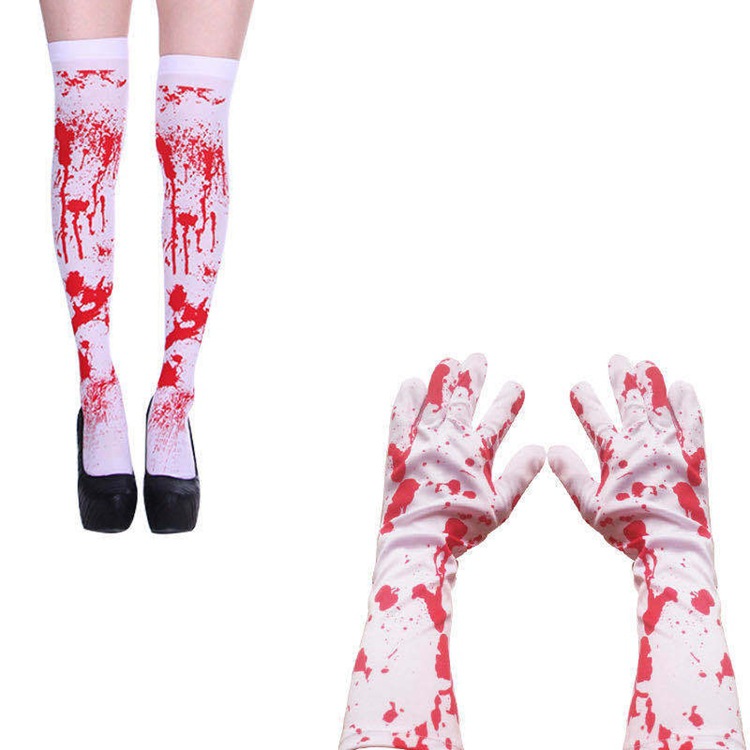 Halloween calcetines de sangre guantes de sangre pascua zombie manchas de sangre guantes largos maquillaje baile disfraz de enfermera calcetines sangrantes
