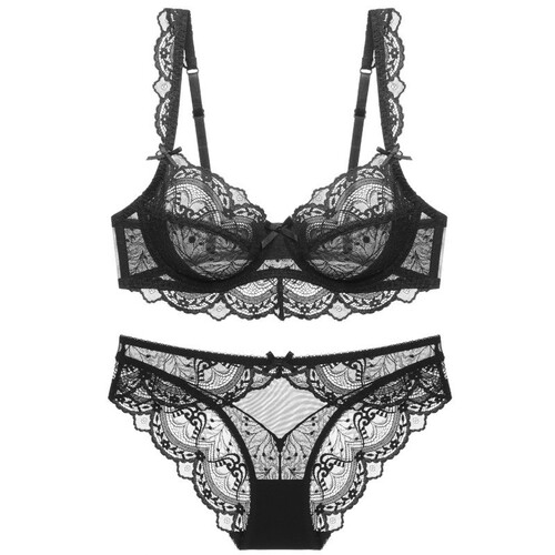 Sexy Lace Underwear for Europe and America, Ultra-thin Transparent Big Cup Bra, Small Size, Large Size, Anti-sagging, Supportive Bra Set 