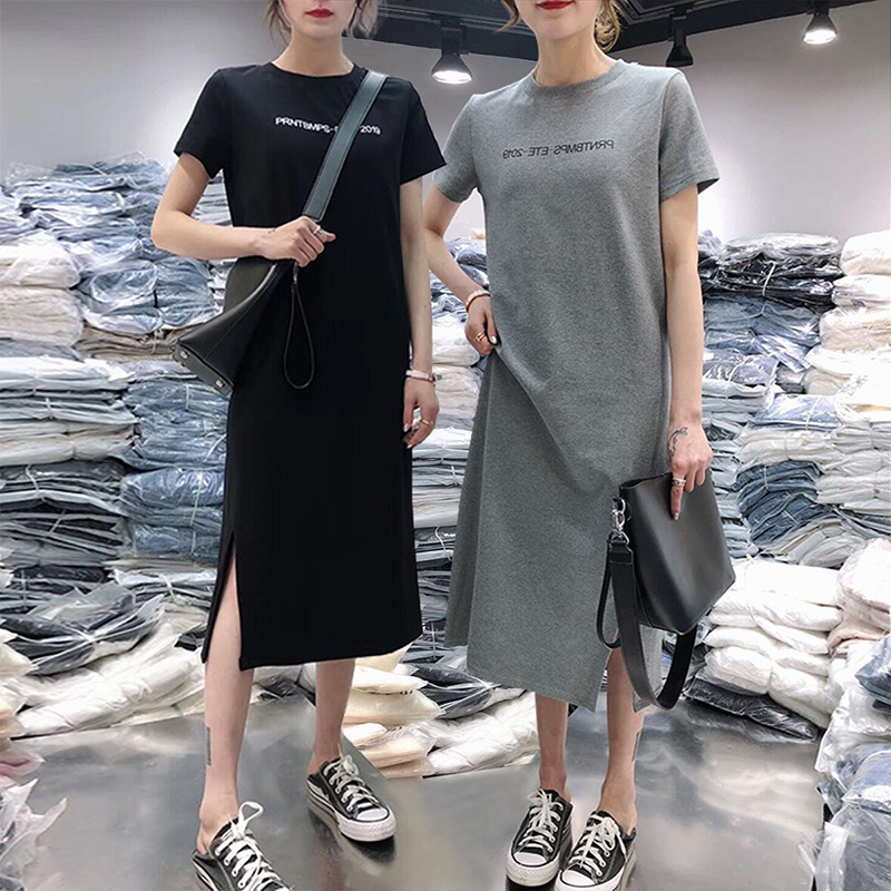 Summer Mid-length T-shirt Women's Split dress Short-sleeved Casual Loose Over-the-knee Base Small Black Long Skirt Slimming