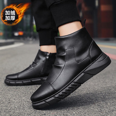 Autumn and winter new style Martin boots men's black high-top boots plus velvet to keep warm British style leather shoes youth trendy men's shoes