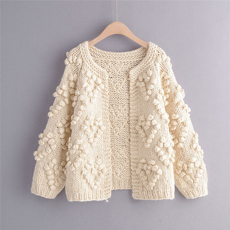Otoño e Invierno amor ganchillo bola hecha a mano de punto suéter abrigo cuello redondo Raglan manga larga hebilla-libre punto cardigan para las mujeres image 11