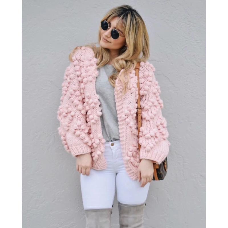 Otoño e Invierno amor ganchillo bola hecha a mano de punto suéter abrigo cuello redondo Raglan manga larga hebilla-libre punto cardigan para las mujeres image 5