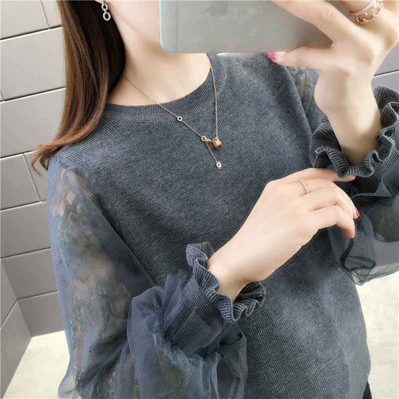 2021 весна и осень новая Корейская свободная кружевная вязаная Базовая рубашка с рукавами-фонариками, сетчатый студенческий свитер в стиле ретро, женская одежда