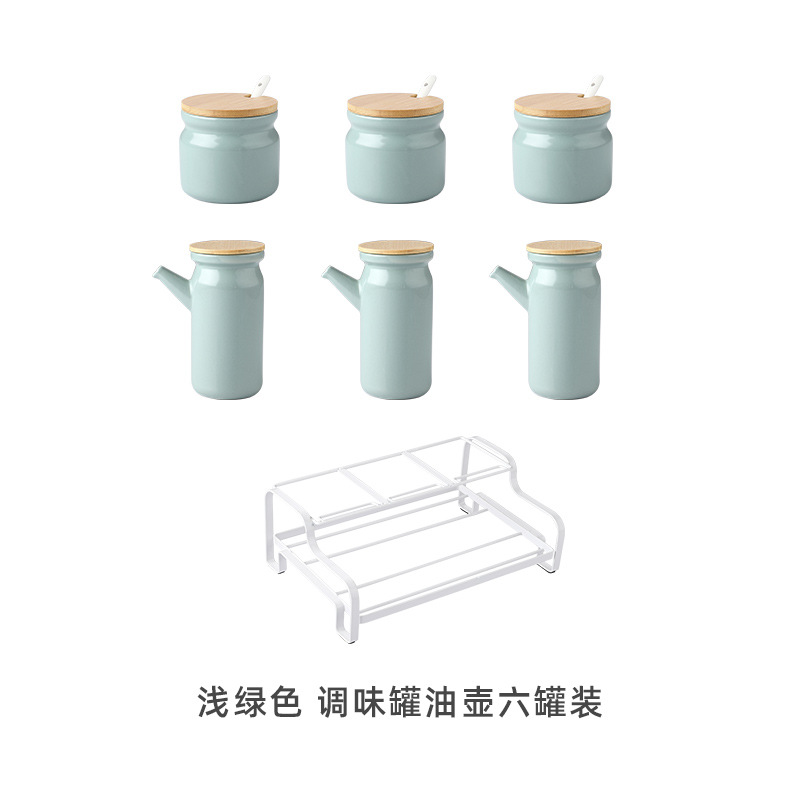 Conjunto de seis piezas de olla de aceite de tarro de condimento verde claro (Marco de hierro)