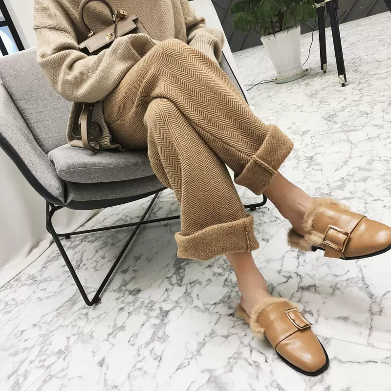 秋冬针织裤女羊绒阔腿裤加绒加厚人字纹毛呢裤直筒外穿休闲裤