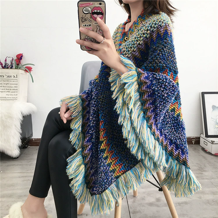 Ethnic trench coat, knitted cloak, summer set, scarf with tassels, long jacket for leisure