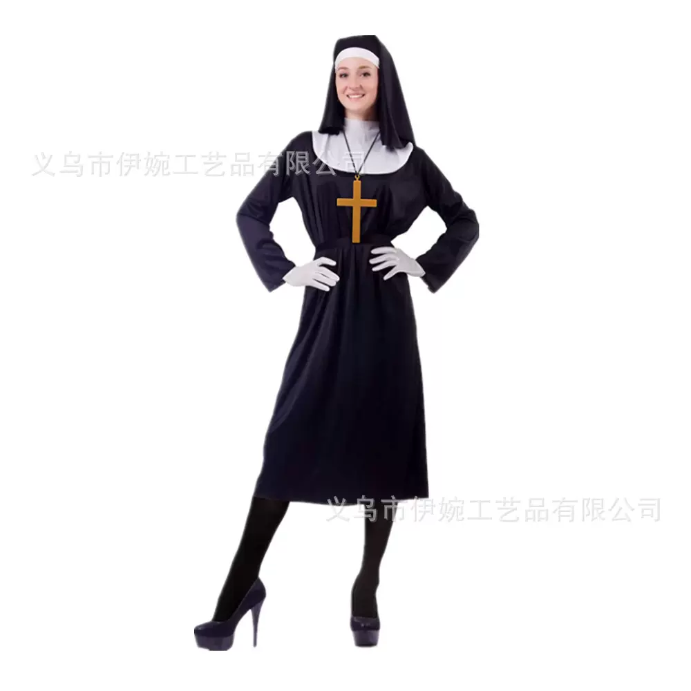 万圣节化装舞会修女服饰配件头巾围脖金色十字架三件套