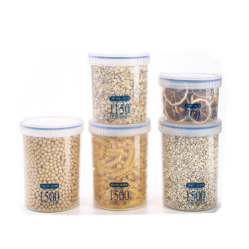 Airtight, transparent, round rotating storage jar for kitchen, made of food-grade plastic, suitable for storing grains, beans, nuts, snacks, and milk powder