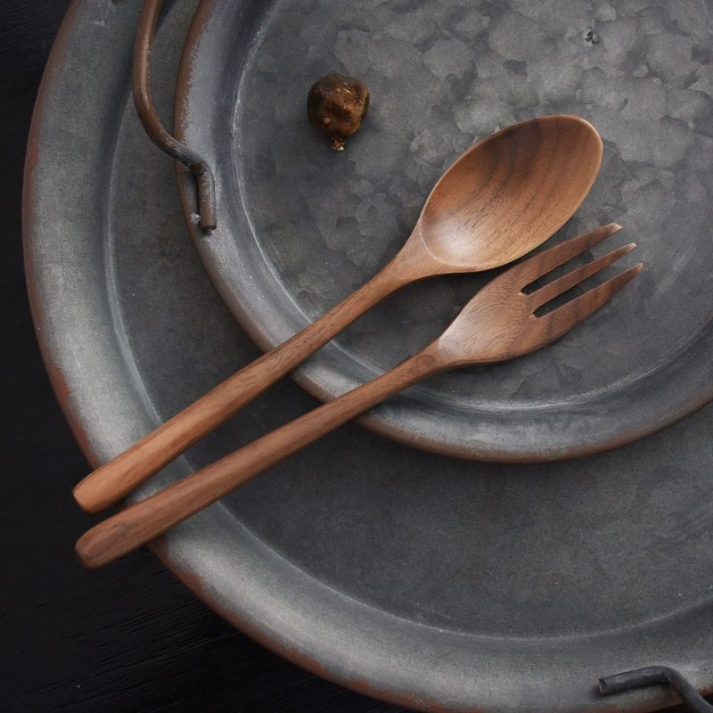 Wooden Japanese organic set, tableware, retro fork