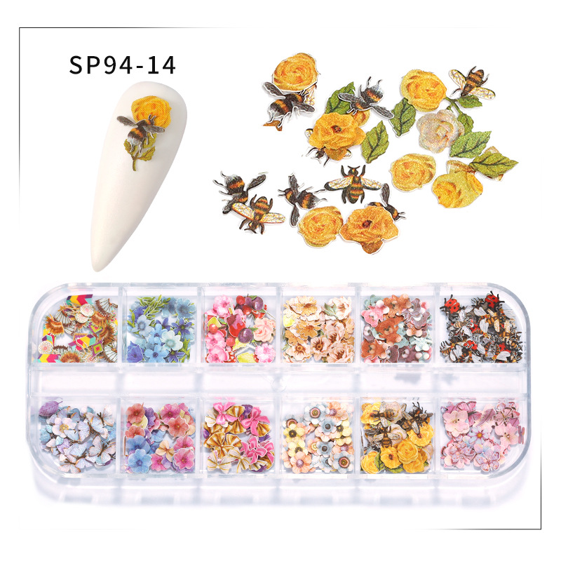 2025 nuevas flores transfronterizas, hojas de pulpa de madera, accesorios para uñas, flores de colores de mariposas, parches de decoración de uñas de bricolaje