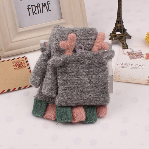 Winter New Children's Mittens Half Finger Flip-Up Dual-Purpose Separable Knitted Large Kids' Mittens Cartoon Warm Writing Mittens