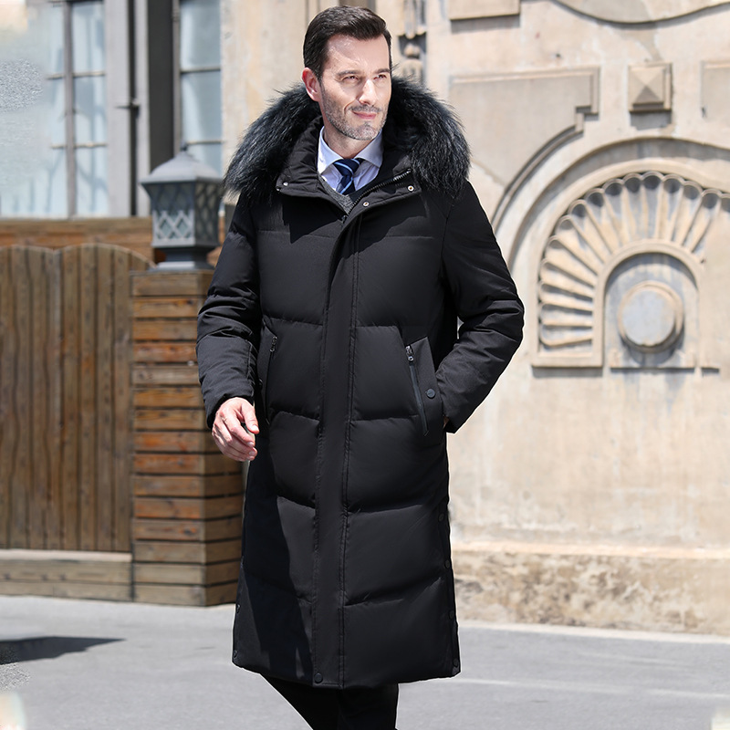 Long fur collar over knee plus velvet padded business casual dad white duck down jacket men's coat Long fur collar over knee plus velvet padded business casual dad white duck down jacket men's coat