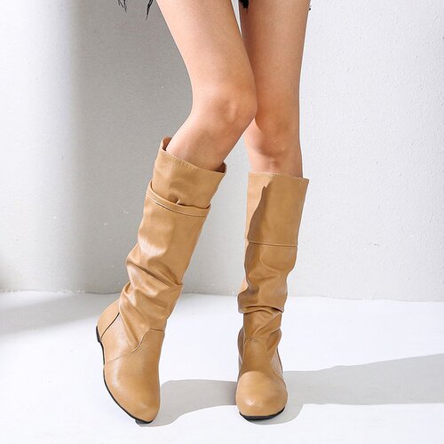 Women's 2018 Wish Large Size Boots, Pure Color Crepe Knee-High Leather Boots for European Station