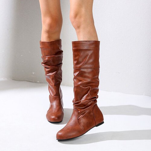 Women's 2018 Wish Large Size Boots, Pure Color Crepe Knee-High Leather Boots for European Station