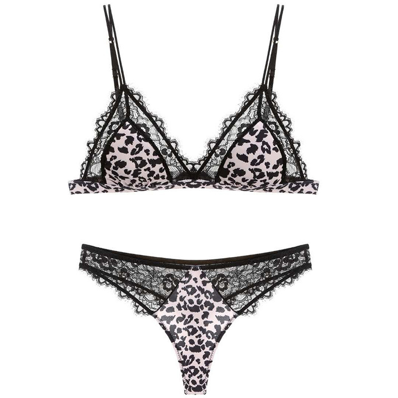 Lace Leopard Print Underwear Set Small Cup Temptation Perspective Bikini Bra European and American Style Leopard Print Underwear