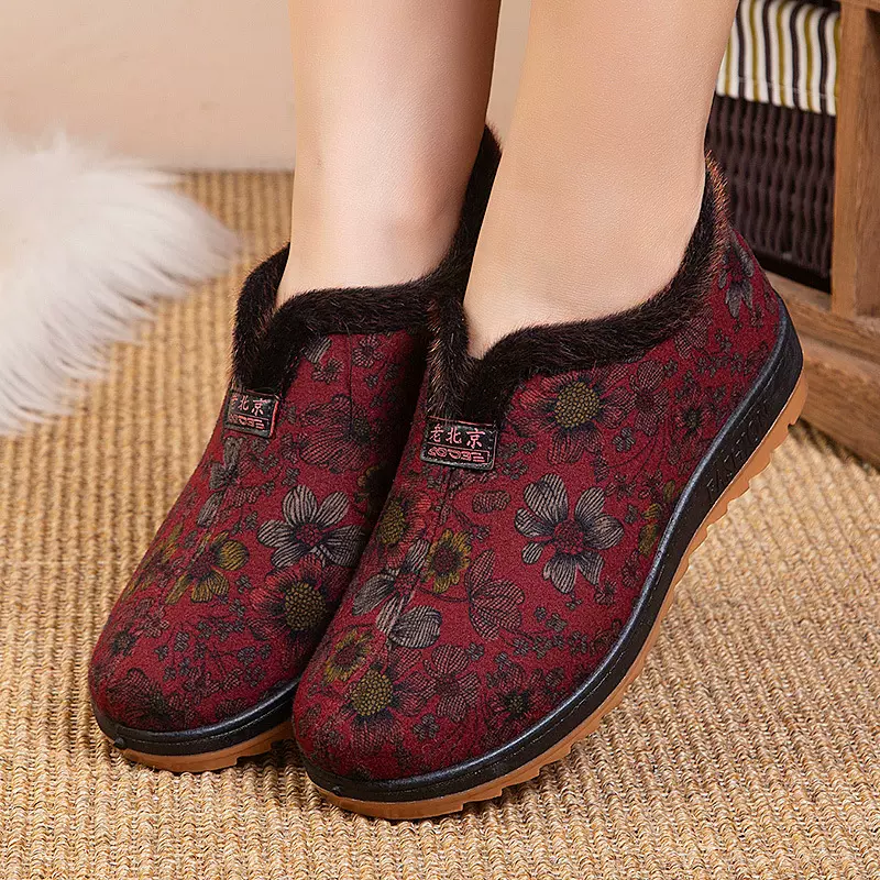 冬季新款老北京棉鞋加绒加厚中老年软底妈妈鞋一脚蹬老人鞋