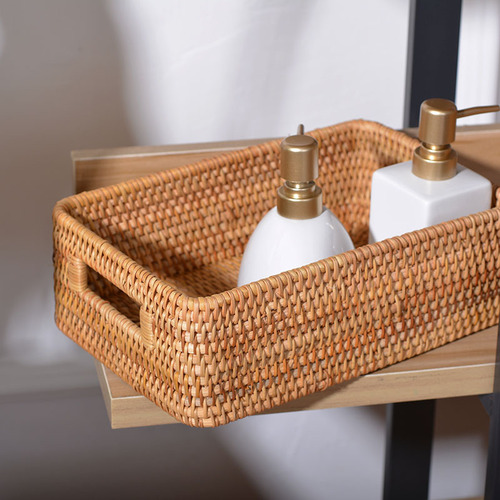 越南手工藤编织收纳筐方形带盖置筐客厅卧室桌面衣物杂物整理收纳