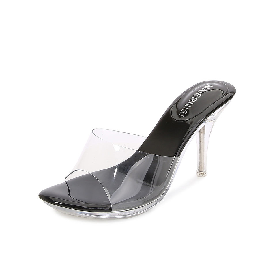 Dép sandal nữ quai ngang gót pha lê cao 6–8 cm phong cách Hàn Quốc — Màu bạc, Màu đen