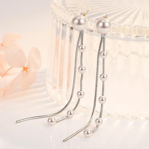 Doudou silver plated earrings for women Korean style tassel style long pearl back hanging earrings simple earrings earrings