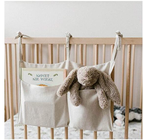 Bebé lado cuna colgando bolsa de almacenamiento de lino de doble rejilla de almacenamiento bolsa colgante bolsa de pañales multifuncional toalla bolsa de almacenamiento de juguete