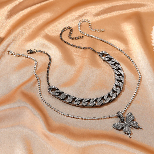 Cross-border Cuban double-layered large butterfly necklace, personality exaggerated full diamond thick chain necklace ins internet celebrity accessories