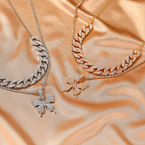Cross-border Cuban double-layered large butterfly necklace, personality exaggerated full diamond thick chain necklace ins internet celebrity accessories