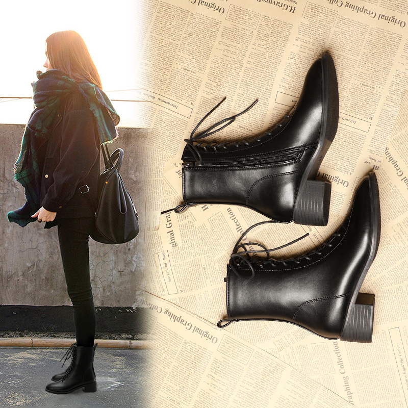 Women's Shoes new slim leg women's short boots mid tube boots lace up Martin boots versatile British style slim boots thick heels_voghion.com