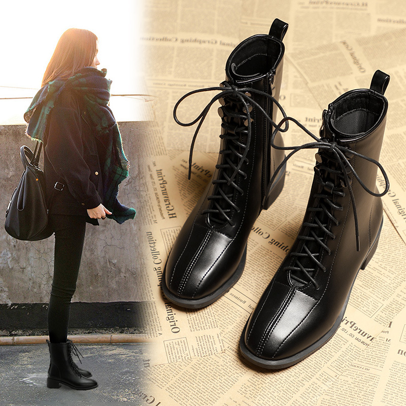 Women's Shoes new slim leg women's short boots mid tube boots lace up Martin boots versatile British style slim boots thick heels_voghion.com