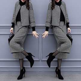 港风套装女复古毛呢2025秋冬新款洋气宽松短款外套阔腿裤两件套潮