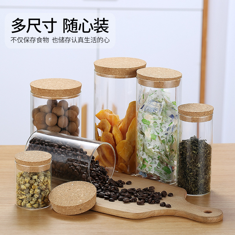 Hogar vidrio café té sellado tarro corcho cubierta azúcar tarro almacenamiento tarro granos almacenamiento tarro